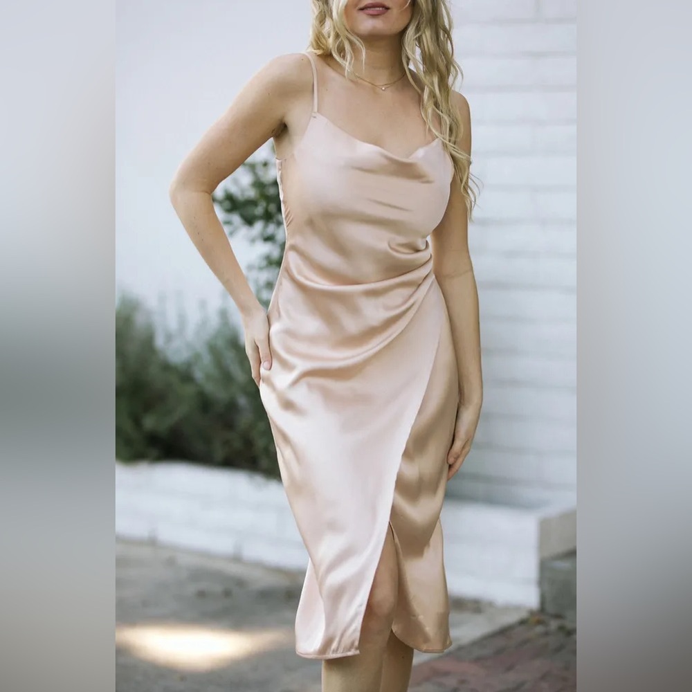 NWOT Raya Satin Slip Cowl Neck Dress in Champagne